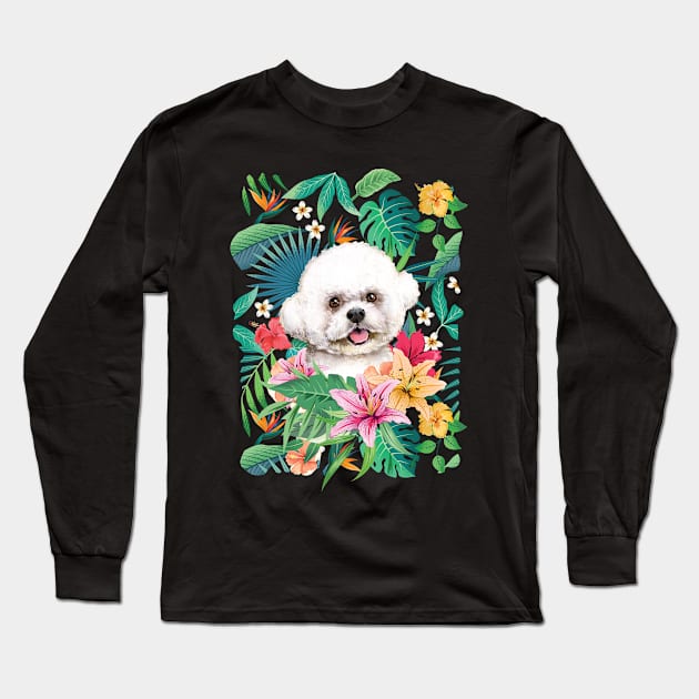 Tropical Bichon Frise Dog Long Sleeve T-Shirt by LulululuPainting